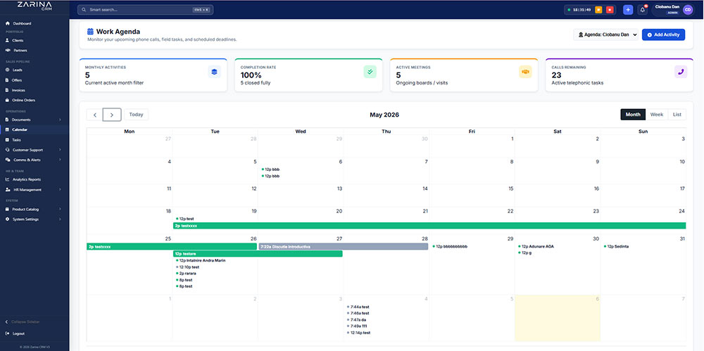 Zarina CRM Dubai Activity Calendar Module Dashboard